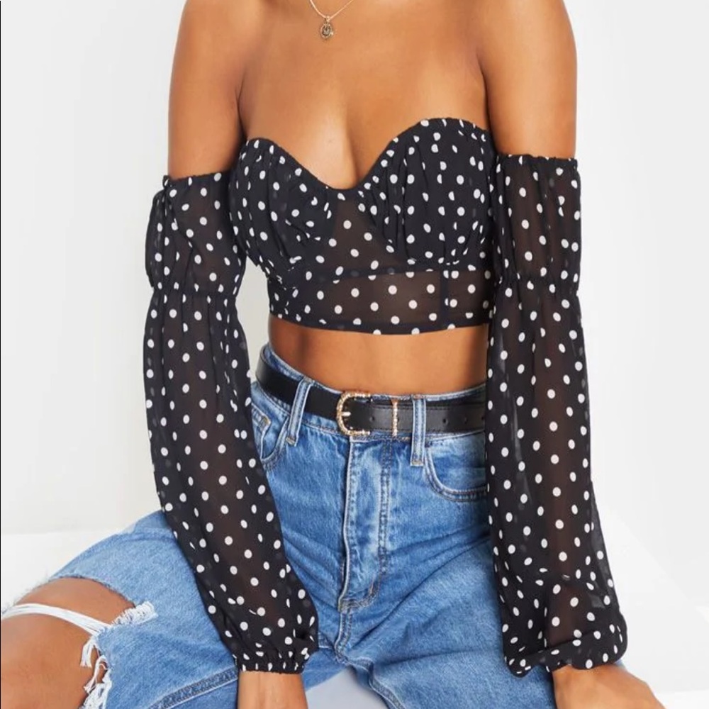 Black Polka Mesh Sweetheart Bardot Crop Top